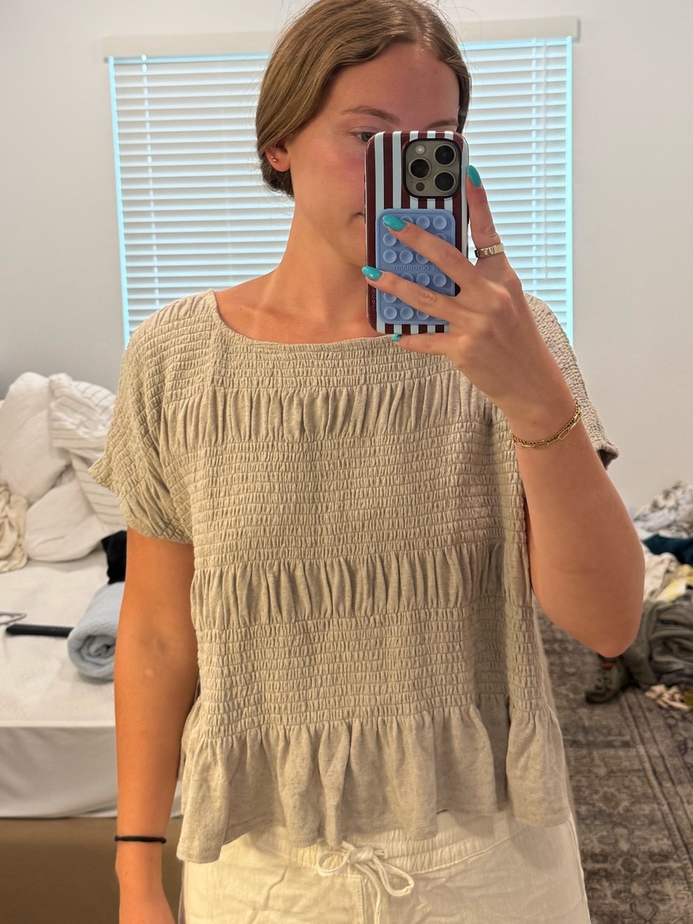 Free People Neutral Beige Smocked Peplum Top